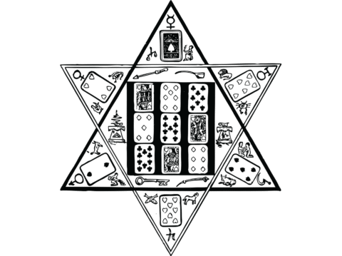 Desenho de um hexagrama esotérico contendo cartas de baralho e símbolos alquímicos e esotéricos.